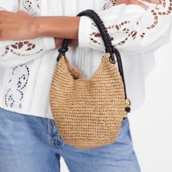 NWT Madewell The Camren Straw Mini Bag Woven Leather Trim Bead Charm India - Picture 2 of 5